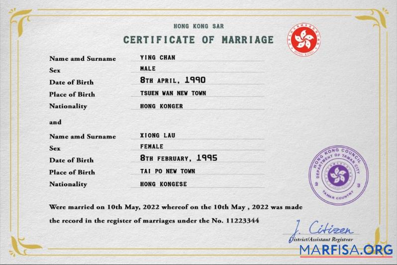 Printable Hong Kong marriage certificate PSD template